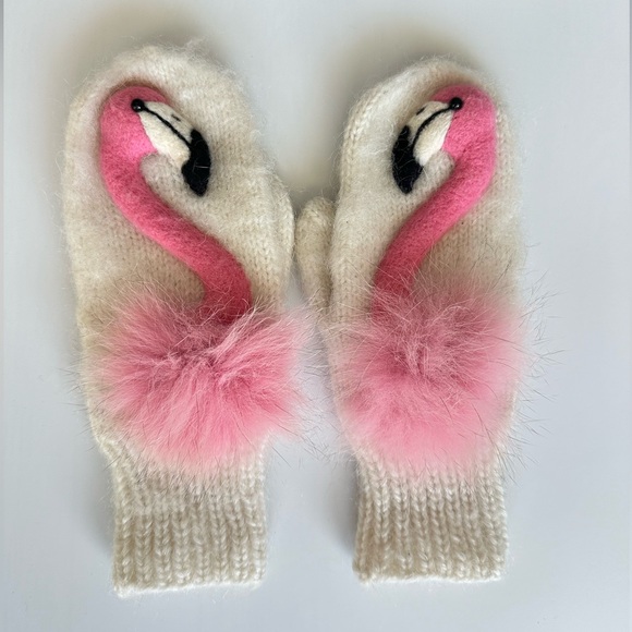 Hand-Knitted Flamingo Mittens with Pom Poms - Picture 1 of 2